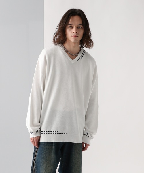 HARE（ハレ）の「Vネックステッチニットプルオーバー(HARE)（ニット/セーター・メンズ・ブラック/ホワイト/ブルー・FREE）」の10枚目の写真
