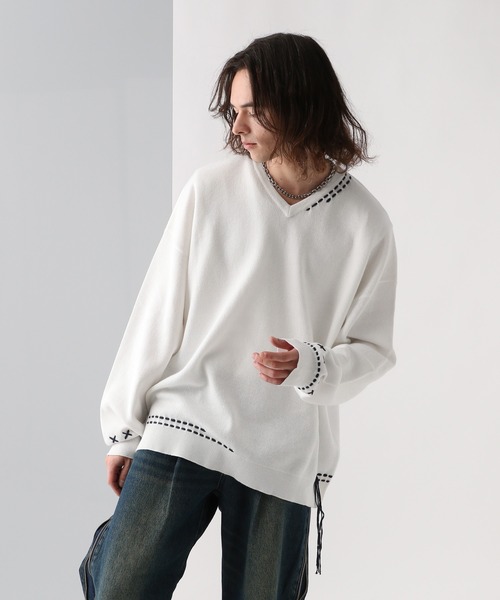 HARE（ハレ）の「Vネックステッチニットプルオーバー(HARE)（ニット/セーター・メンズ・ブラック/ホワイト/ブルー・FREE）」の11枚目の写真