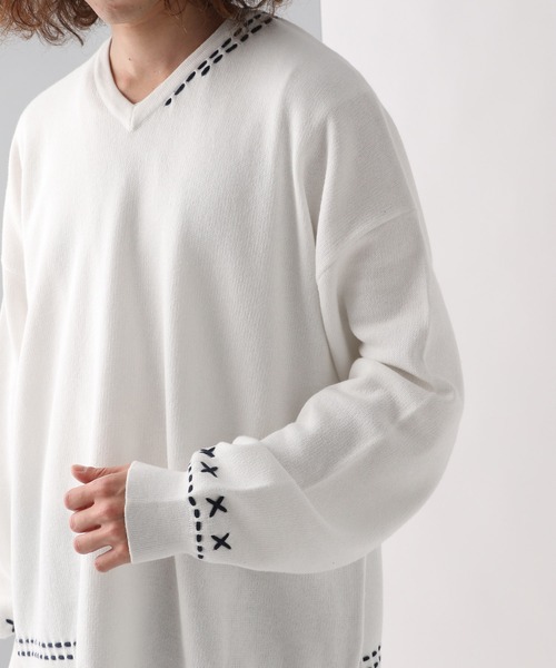 HARE（ハレ）の「Vネックステッチニットプルオーバー(HARE)（ニット/セーター・メンズ・ブラック/ホワイト/ブルー・FREE）」の20枚目の写真
