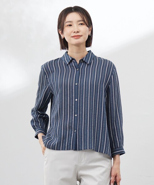 J.PRESS(ジェイプレス)の「【洗える】ランダムストライプ シアー シャツカラー カットソー(Tシャツ/カットソー・レディース・ネイビー系1/ライトグリーン系1/ホワイト系1・T15/T13)」の3枚目の写真