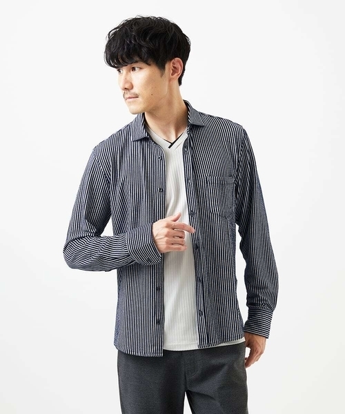 MK MICHEL KLEIN HOMME (エムケーミッシェルクランオム)の「【ストレッチ/イージーケア】サッカー織りシャツ(シャツ/ブラウス・メンズ・ネイビー/ダークインディゴブルー・46/48/51)」の2枚目の写真