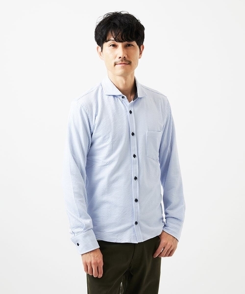 MK MICHEL KLEIN HOMME (エムケーミッシェルクランオム)の「【ストレッチ/イージーケア】サッカー織りシャツ(シャツ/ブラウス・メンズ・ネイビー/ダークインディゴブルー・46/48/51)」の1枚目の写真