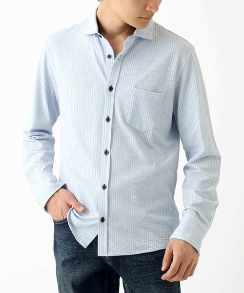 MK MICHEL KLEIN HOMME (エムケーミッシェルクランオム)の「【ストレッチ/イージーケア】サッカー織りシャツ(シャツ/ブラウス・メンズ・ネイビー/ダークインディゴブルー・46/48/51)」の3枚目の写真