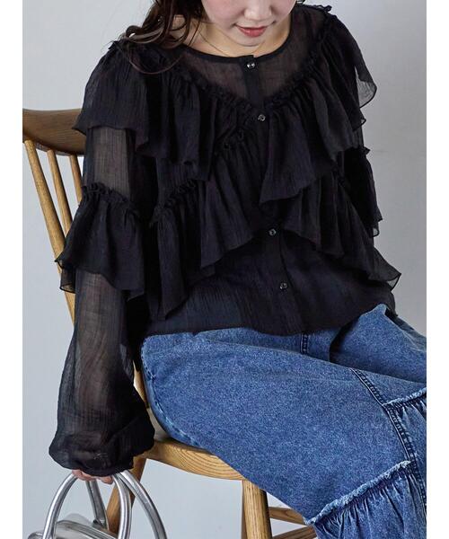 ehka sopo(エヘカソポ)の「シアーフリルブラウス(シャツ/ブラウス・レディース・ピンク/オフホワイト/ブラック・F)」の1枚目の写真