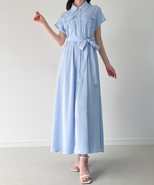 ウエストリボンフレアシャツワンピース(薄手、裏地なし、ぺチスカート