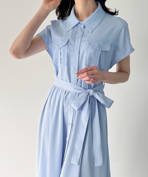 JUNOAH（ジュノア）の「ウエストリボンフレアシャツワンピース(薄手、裏地なし、ぺチスカートset)（シャツワンピース・レディース・ブルー/グレー/ブラック・SMALL/MEDIUM/LARGE）」の4枚目の写真