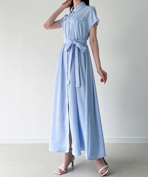 JUNOAH（ジュノア）の「ウエストリボンフレアシャツワンピース(薄手、裏地なし、ぺチスカートset)（シャツワンピース・レディース・ブルー/グレー/ブラック・SMALL/MEDIUM/LARGE）」の5枚目の写真