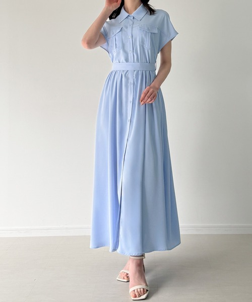 JUNOAH（ジュノア）の「ウエストリボンフレアシャツワンピース(薄手、裏地なし、ぺチスカートset)（シャツワンピース・レディース・ブルー/グレー/ブラック・SMALL/MEDIUM/LARGE）」の6枚目の写真