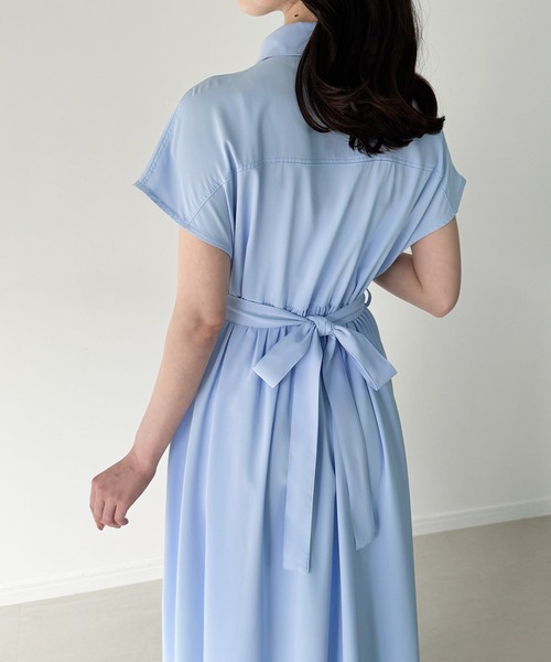 JUNOAH（ジュノア）の「ウエストリボンフレアシャツワンピース(薄手、裏地なし、ぺチスカートset)（シャツワンピース・レディース・ブルー/グレー/ブラック・SMALL/MEDIUM/LARGE）」の7枚目の写真