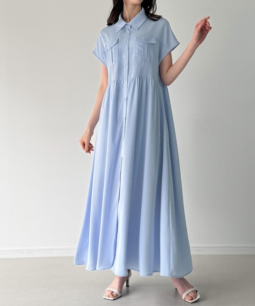 JUNOAH（ジュノア）の「ウエストリボンフレアシャツワンピース(薄手、裏地なし、ぺチスカートset)（シャツワンピース・レディース・ブルー/グレー/ブラック・SMALL/MEDIUM/LARGE）」の8枚目の写真