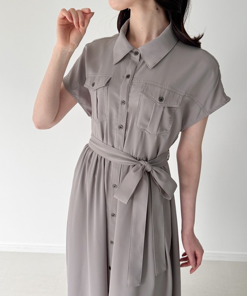 JUNOAH（ジュノア）の「ウエストリボンフレアシャツワンピース(薄手、裏地なし、ぺチスカートset)（シャツワンピース・レディース・ブルー/グレー/ブラック・SMALL/MEDIUM/LARGE）」の10枚目の写真