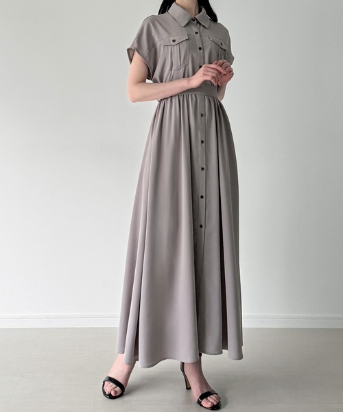 JUNOAH（ジュノア）の「ウエストリボンフレアシャツワンピース(薄手、裏地なし、ぺチスカートset)（シャツワンピース・レディース・ブルー/グレー/ブラック・SMALL/MEDIUM/LARGE）」の13枚目の写真