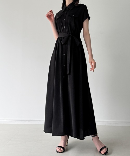 JUNOAH（ジュノア）の「ウエストリボンフレアシャツワンピース(薄手、裏地なし、ぺチスカートset)（シャツワンピース・レディース・ブルー/グレー/ブラック・SMALL/MEDIUM/LARGE）」の14枚目の写真