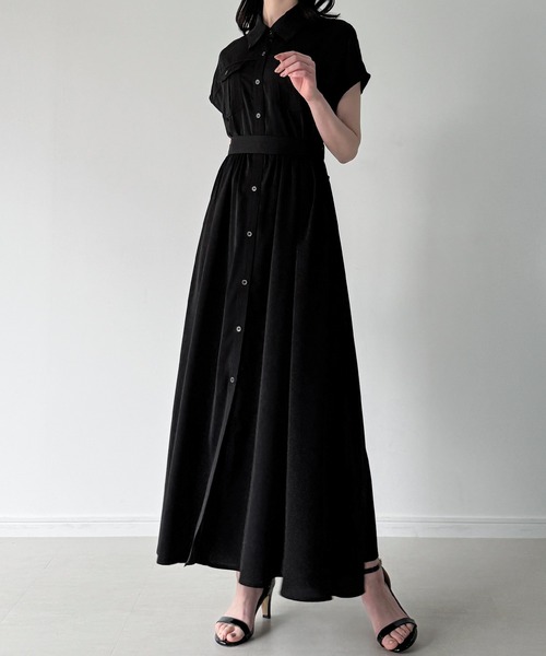 JUNOAH（ジュノア）の「ウエストリボンフレアシャツワンピース(薄手、裏地なし、ぺチスカートset)（シャツワンピース・レディース・ブルー/グレー/ブラック・SMALL/MEDIUM/LARGE）」の18枚目の写真