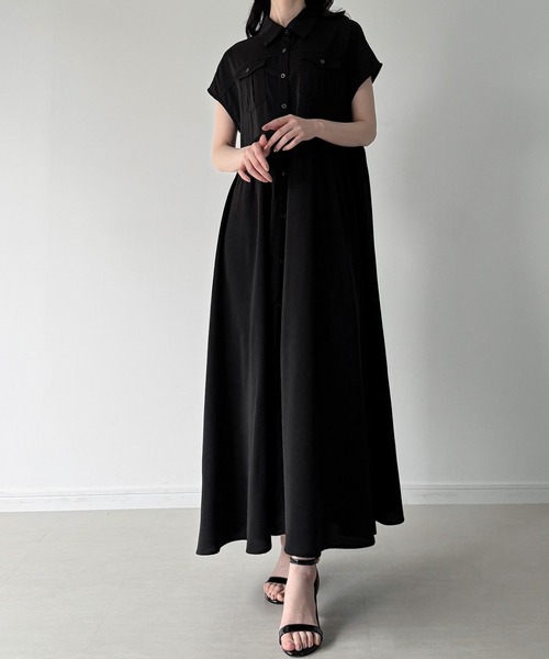 セール】ウエストリボンフレアシャツワンピース(薄手、裏地なし、ぺ