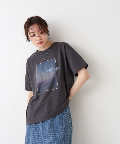 tシャツ シアーレイヤード プリントトップス レディース セール】シアーレイヤードプリント半袖Tシャツ（Tシャツ