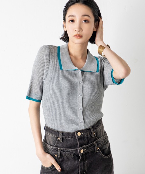 MILLION CARATS(ミリオンカラッツ)の「着こなし自在な旬デザイン!配色ディテールで洒落見えする夏に頼れる麻タッチ衿付きニットカーディガントップス(カーディガン/ボレロ・レディース・ブラック/オフホワイト/グレー/ブラウン・FREE)」の1枚目の写真