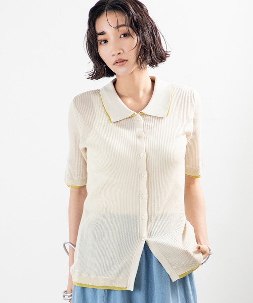 MILLION CARATS(ミリオンカラッツ)の「着こなし自在な旬デザイン!配色ディテールで洒落見えする夏に頼れる麻タッチ衿付きニットカーディガントップス(カーディガン/ボレロ・レディース・ブラック/オフホワイト/グレー/ブラウン・FREE)」の9枚目の写真