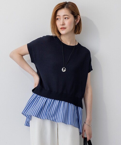 23区 L（ニジュウサンクオオキイサイズ）の「【洗える】レイヤードデザイン ニット（ニット/セーター・レディース・ネイビー系/ダークブラウン系/ライトオレンジ系・46/44）」の2枚目の写真