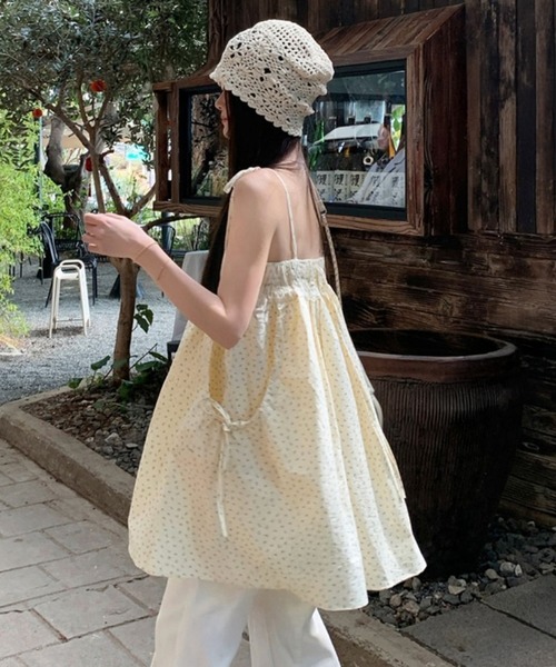 キャミソール 花柄チュニックキャミソール/リボンノースリーブ 韓国 春服 夏服 ガーリー トレンド キャミソール イエロー ホワイト チュニック セール】花柄チュニックキャミソール/リボンノースリーブ 韓国