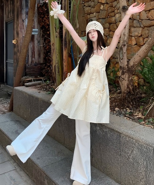 HEILIS(ヘイリス)の「【HIT ITEM!】【新色追加】花柄チュニックキャミソール/リボンノースリーブ 韓国 春服 夏服 ガーリー トレンド キャミソール ブラック ブルー イエロー ホワイト チュニック(キャミソール・レディース・イエロー/ホワイト/ブラック/ブルー・FREE)」の18枚目の写真