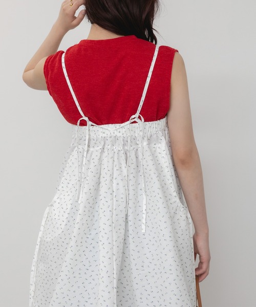キャミソール 花柄チュニックキャミソール/リボンノースリーブ 韓国 春服 夏服 ガーリー トレンド キャミソール イエロー ホワイト チュニック セール】花柄チュニックキャミソール/リボンノースリーブ 韓国