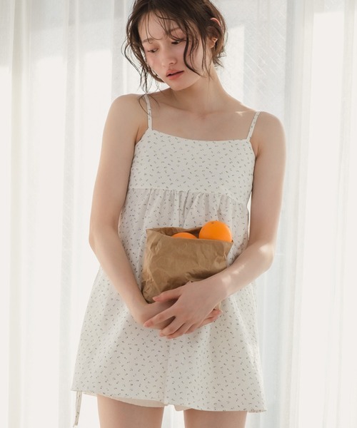 キャミソール 花柄チュニックキャミソール/リボンノースリーブ 韓国 春服 夏服 ガーリー トレンド キャミソール イエロー ホワイト チュニック 花柄チュニックキャミソール/リボンノースリーブ 韓国 春服 夏服