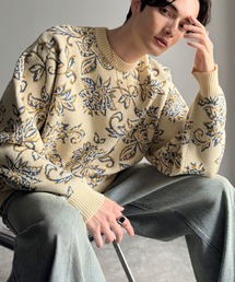 【classical origin】視線を奪う、ジャガード花柄ニット／Jacquard Floral Knit Sweater