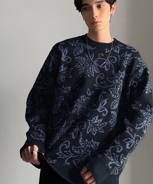 セール】【classical origin】視線を奪う、ジャガード花柄ニット