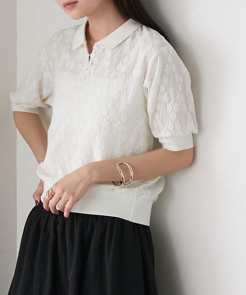 forksy.（フォルクシー）の「【forksy.】レースフラワージャガード 半袖ポロシャツ（ポロシャツ・レディース・ブラック/アイボリー・FREE）」の2枚目の写真