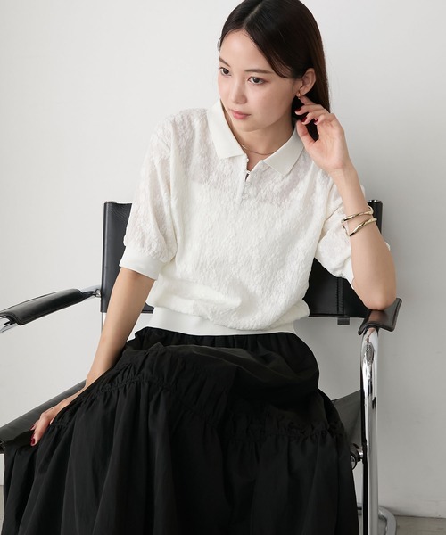forksy.（フォルクシー）の「【forksy.】レースフラワージャガード 半袖ポロシャツ（ポロシャツ・レディース・ブラック/アイボリー・FREE）」の3枚目の写真