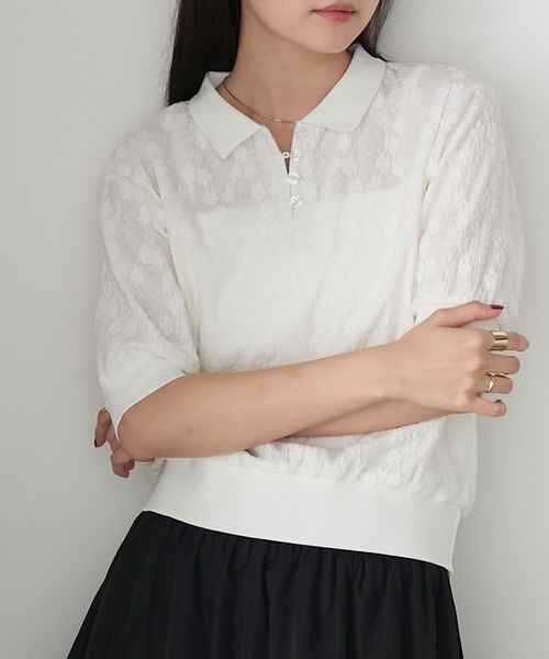 forksy.（フォルクシー）の「【forksy.】レースフラワージャガード 半袖ポロシャツ（ポロシャツ・レディース・ブラック/アイボリー・FREE）」の8枚目の写真