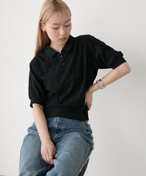 forksy.（フォルクシー）の「【forksy.】レースフラワージャガード 半袖ポロシャツ（ポロシャツ・レディース・ブラック/アイボリー・FREE）」の12枚目の写真