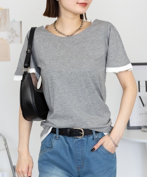 RCD(アールシーディー)の「フレアー袖シャーリングカットソー(Tシャツ/カットソー・レディース・杢グレー/ホワイト/ブルーグリーン/ブラック/ネイビー・4L/3L/LL/L/M)」の4枚目の写真