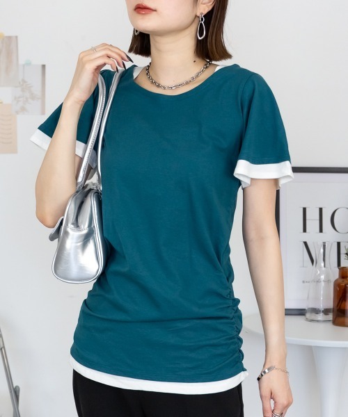 RCD(アールシーディー)の「フレアー袖シャーリングカットソー(Tシャツ/カットソー・レディース・杢グレー/ホワイト/ブルーグリーン/ブラック/ネイビー・4L/3L/LL/L/M)」の1枚目の写真