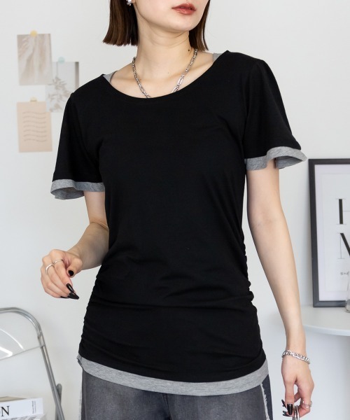 RCD(アールシーディー)の「フレアー袖シャーリングカットソー(Tシャツ/カットソー・レディース・杢グレー/ホワイト/ブルーグリーン/ブラック/ネイビー・4L/3L/LL/L/M)」の3枚目の写真