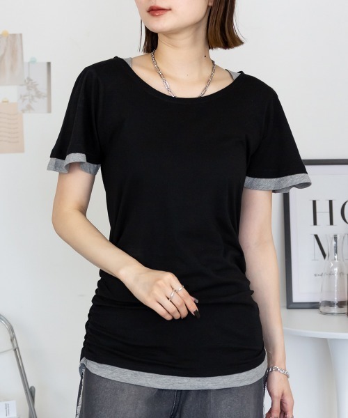 RCD(アールシーディー)の「フレアー袖シャーリングカットソー(Tシャツ/カットソー・レディース・杢グレー/ホワイト/ブルーグリーン/ブラック/ネイビー・4L/3L/LL/L/M)」の10枚目の写真
