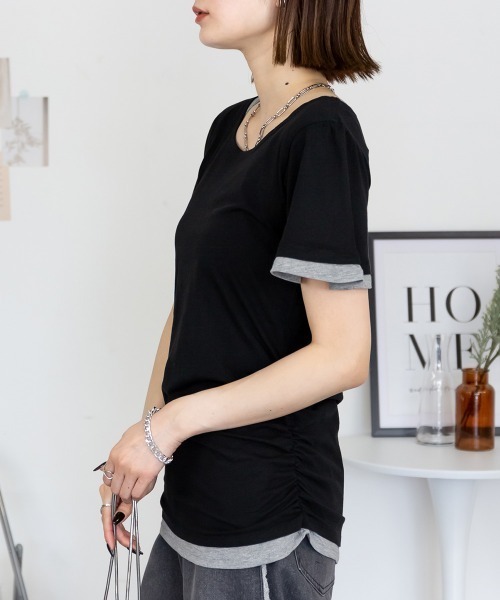 RCD(アールシーディー)の「フレアー袖シャーリングカットソー(Tシャツ/カットソー・レディース・杢グレー/ホワイト/ブルーグリーン/ブラック/ネイビー・4L/3L/LL/L/M)」の11枚目の写真