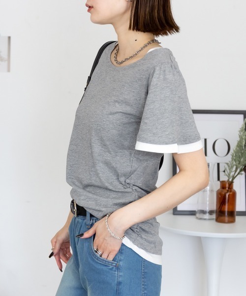 RCD(アールシーディー)の「フレアー袖シャーリングカットソー(Tシャツ/カットソー・レディース・杢グレー/ホワイト/ブルーグリーン/ブラック/ネイビー・4L/3L/LL/L/M)」の14枚目の写真