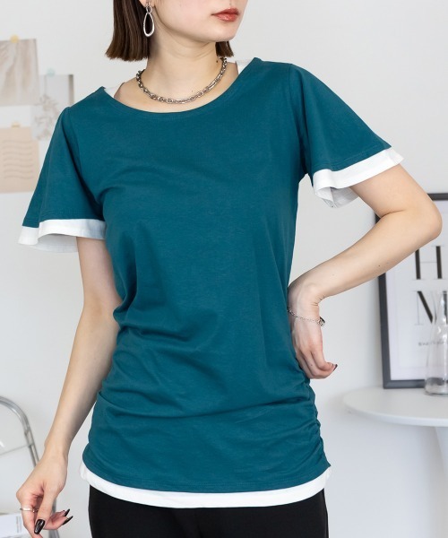 RCD(アールシーディー)の「フレアー袖シャーリングカットソー(Tシャツ/カットソー・レディース・杢グレー/ホワイト/ブルーグリーン/ブラック/ネイビー・4L/3L/LL/L/M)」の19枚目の写真
