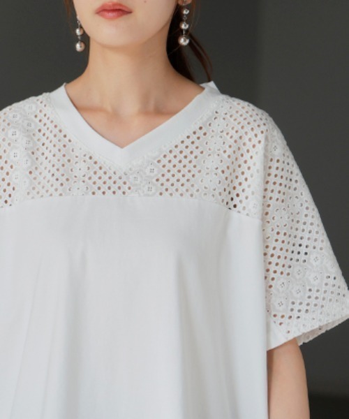 HUG.U(ハグユー)の「Vネックレース半袖Tシャツ(Tシャツ/カットソー・レディース・ブラック/ホワイト・FREE)」の12枚目の写真