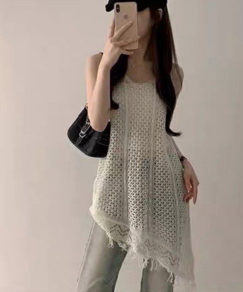 gossip!ロサンゼルス(ゴシップロサンゼルス)の「裾フリンジ かぎ編みシアーワンピース(ワンピース・レディース・ホワイト/ブラック・FREE)」の6枚目の写真