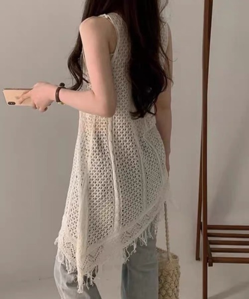 gossip!ロサンゼルス(ゴシップロサンゼルス)の「裾フリンジ かぎ編みシアーワンピース(ワンピース・レディース・ホワイト/ブラック・FREE)」の7枚目の写真