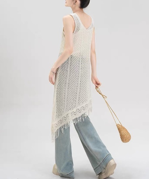 gossip!ロサンゼルス(ゴシップロサンゼルス)の「裾フリンジ かぎ編みシアーワンピース(ワンピース・レディース・ホワイト/ブラック・FREE)」の16枚目の写真
