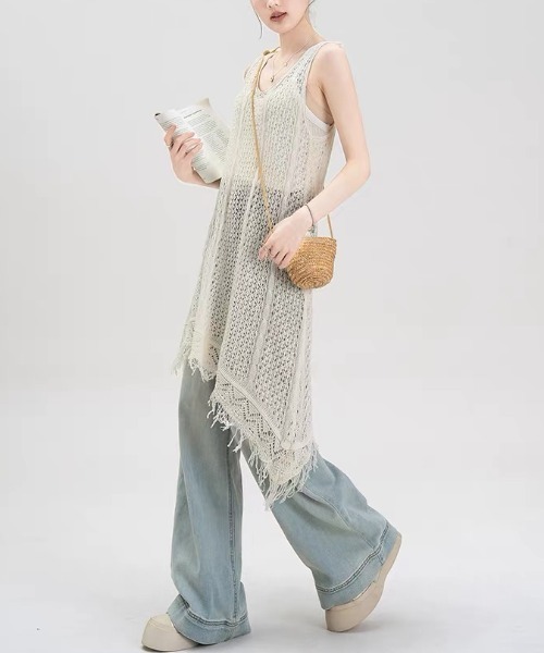 gossip!ロサンゼルス(ゴシップロサンゼルス)の「裾フリンジ かぎ編みシアーワンピース(ワンピース・レディース・ホワイト/ブラック・FREE)」の17枚目の写真