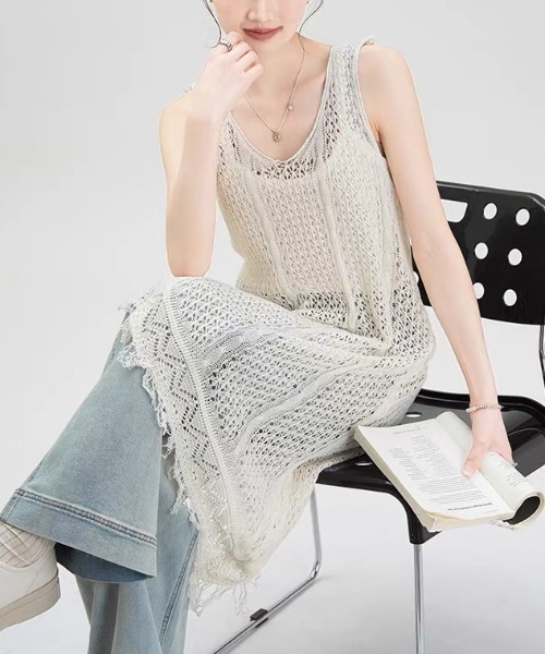 gossip!ロサンゼルス(ゴシップロサンゼルス)の「裾フリンジ かぎ編みシアーワンピース(ワンピース・レディース・ホワイト/ブラック・FREE)」の18枚目の写真