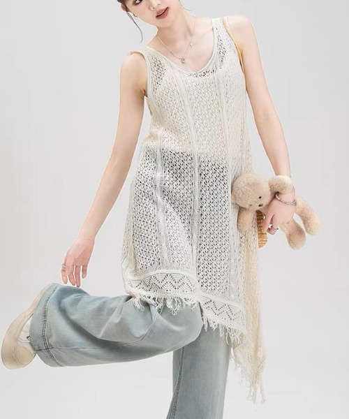 gossip!ロサンゼルス(ゴシップロサンゼルス)の「裾フリンジ かぎ編みシアーワンピース(ワンピース・レディース・ホワイト/ブラック・FREE)」の19枚目の写真