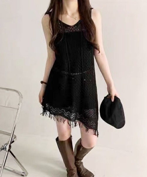 gossip!ロサンゼルス(ゴシップロサンゼルス)の「裾フリンジ かぎ編みシアーワンピース(ワンピース・レディース・ホワイト/ブラック・FREE)」の22枚目の写真