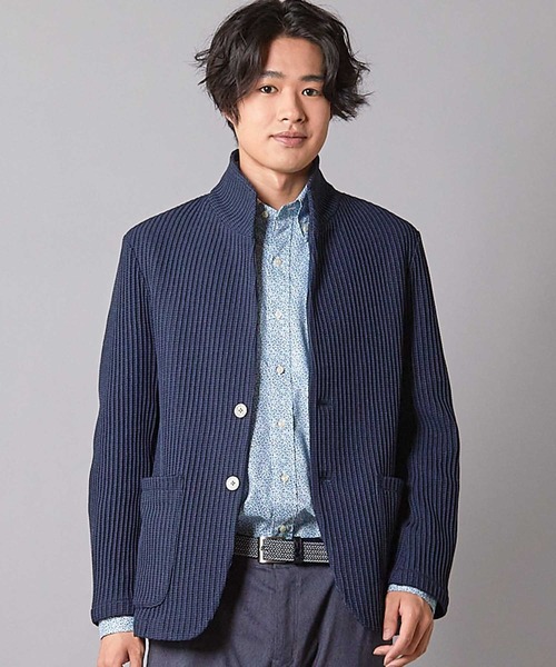 UNION STATION（ユニオンステーション）の「レギュラーフィット ニットスタンドカラージャケット（テーラードジャケット・メンズ・ホワイト×ブラック/ネイビー・LL/L/M）」の2枚目の写真