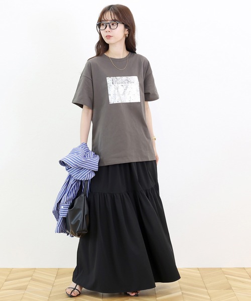 Aletta vita（アレッタビータ）の「箔プリント半袖カットソー（Tシャツ/カットソー・レディース・チャコール/オフホワイト・FREE）」の3枚目の写真